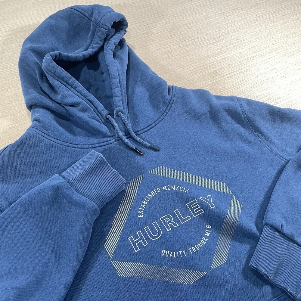 Hurley Mens L Cobalt Blue Graphic Sweatshirt Pullover Hoodie Fleece Lined Y2K